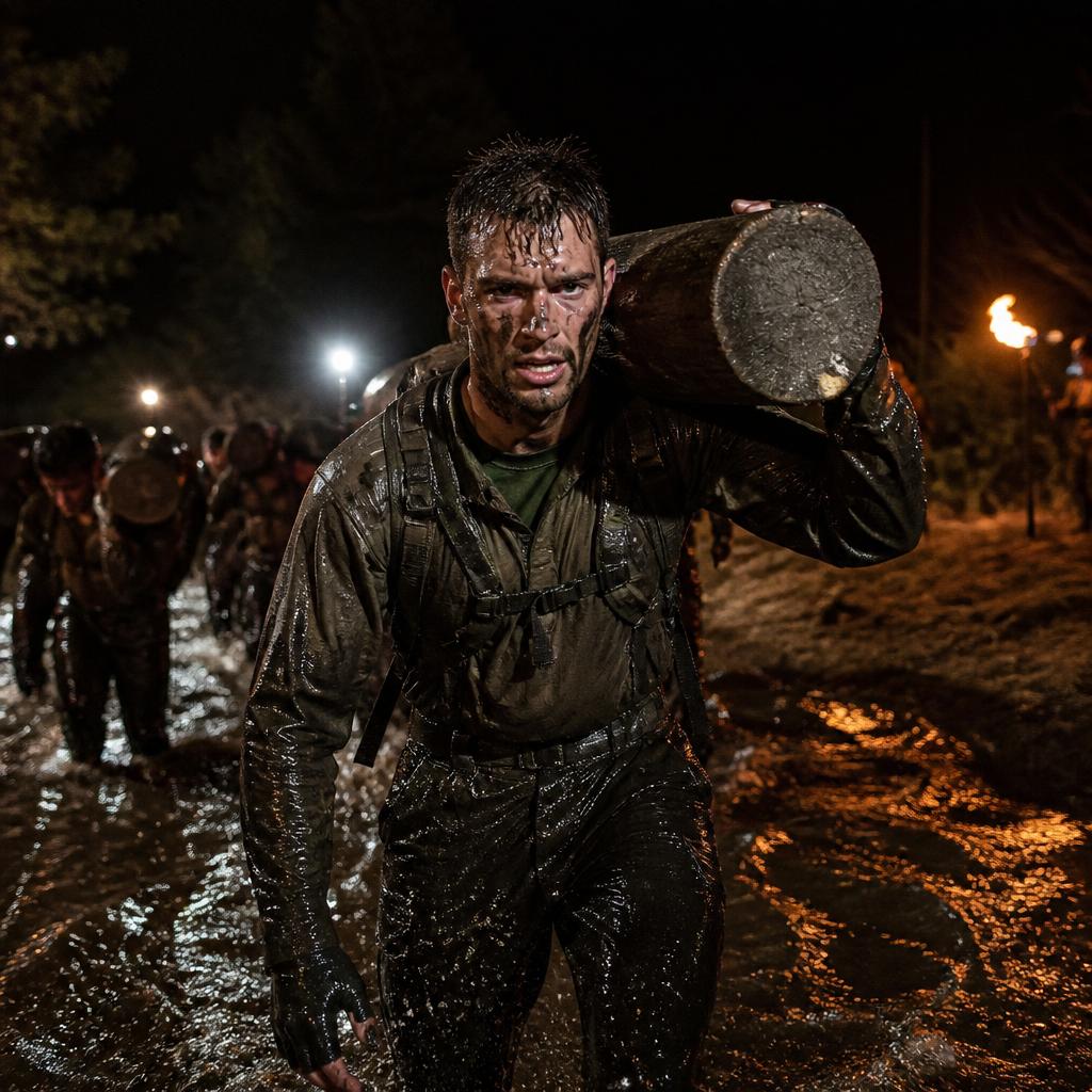 Men enduring an extreme 3-day hell-week style rite of passage at night.