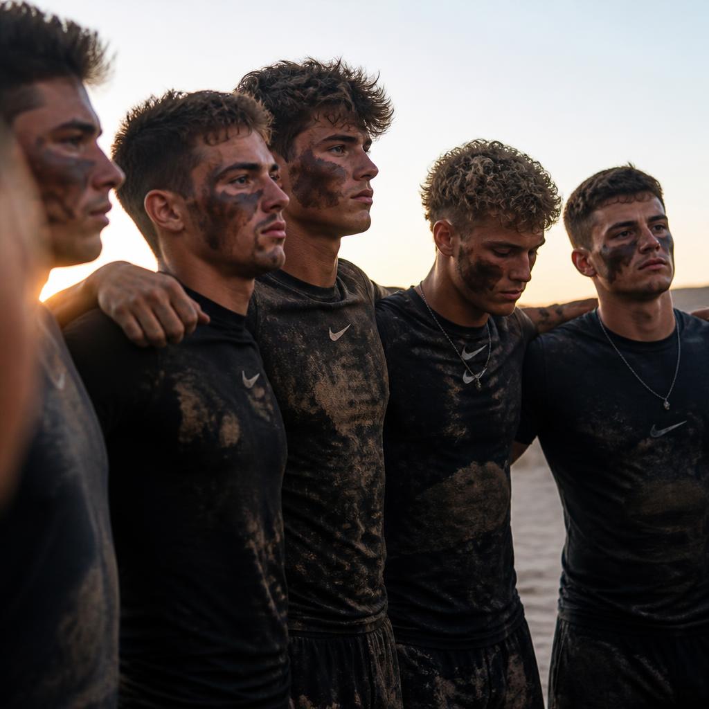 Young men standing shoulder to shoulder in a rites-of-passage circle.