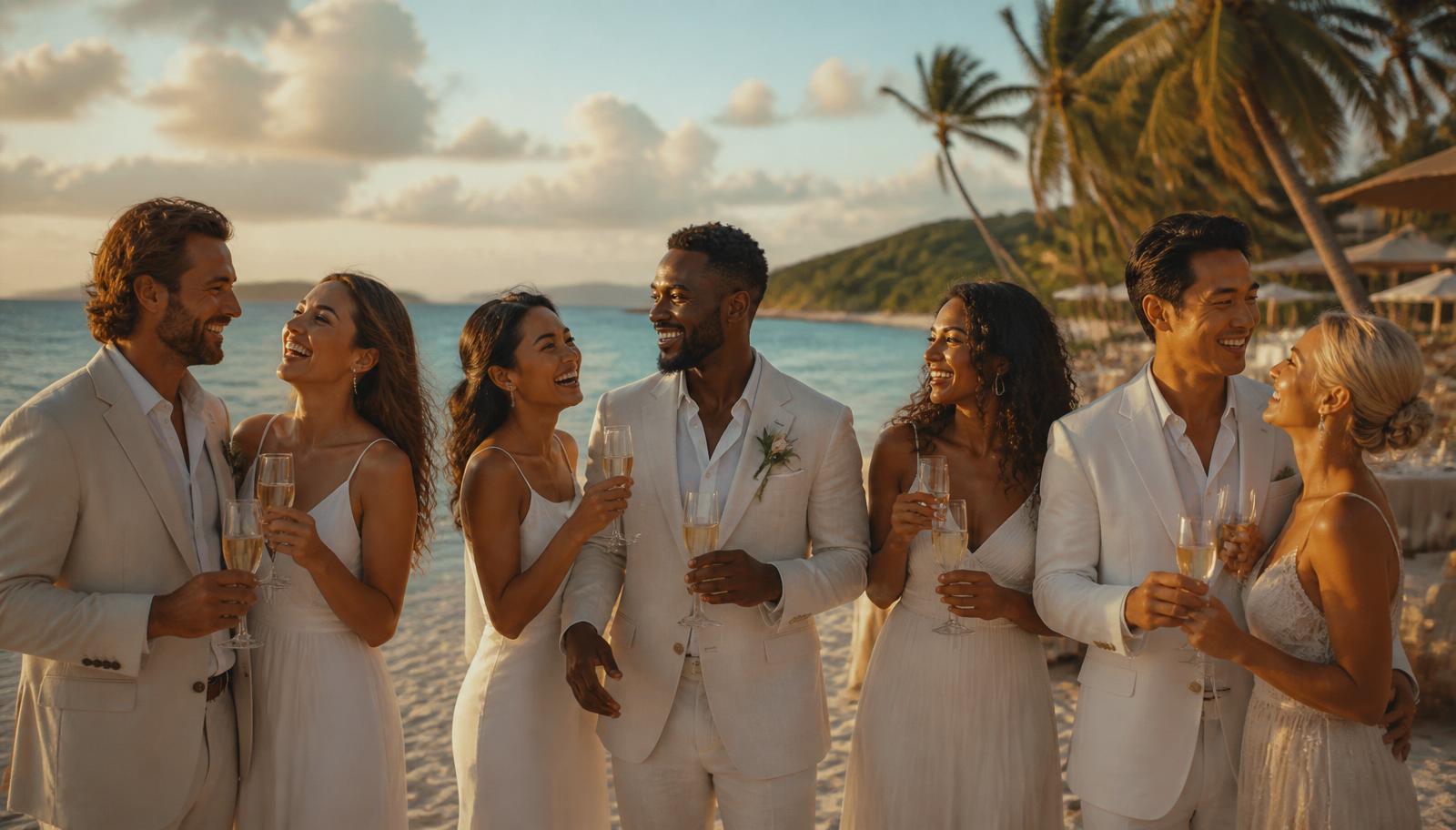 Married couples celebrating together on a Caribbean beach at golden hour.