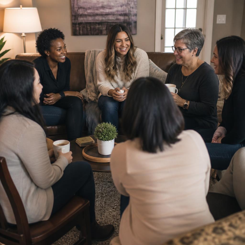 Circle of women in fellowship mentoring one another over tea.