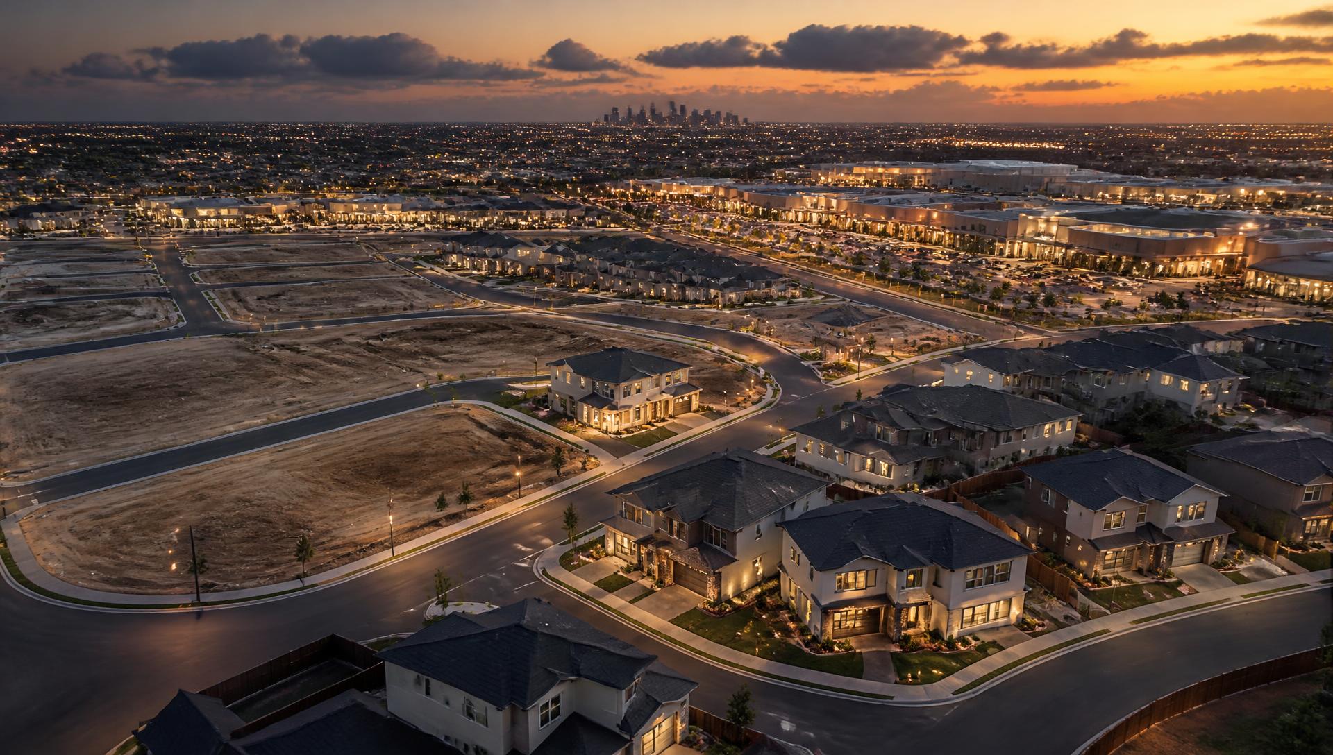 Aerial twilight view of a master-planned community with new homes, graded lots and a lit commercial corridor