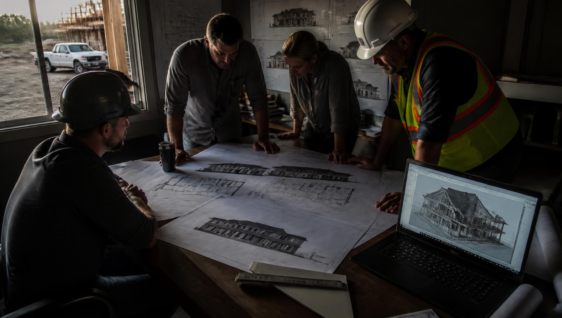 UCSM design team reviewing house plans and elevation drawings on site