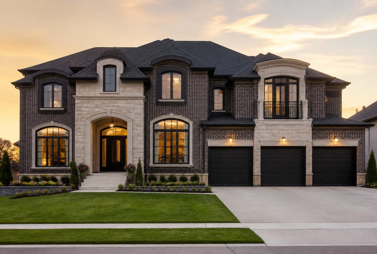 Dark brick with limestone surrounds and an arched entry — a two-story elevation built for curb appeal and resale strength.