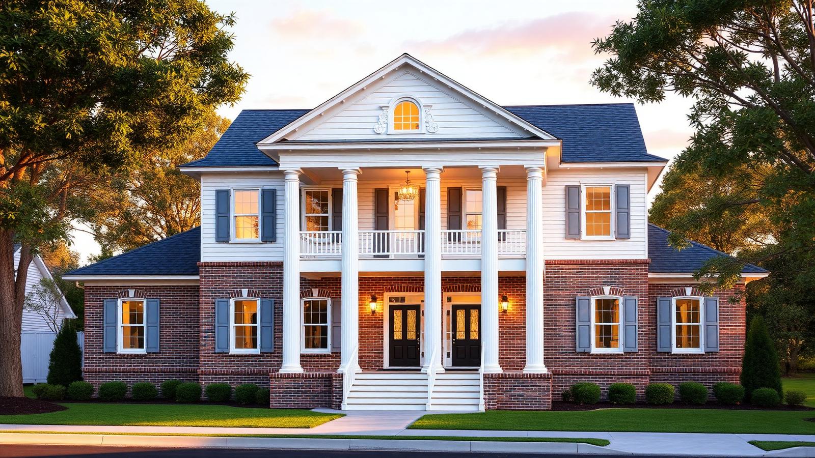 Symmetrical facade, towering front columns, and a brick-and-clapboard base — a classic elevation that anchors a street and ages gracefully.