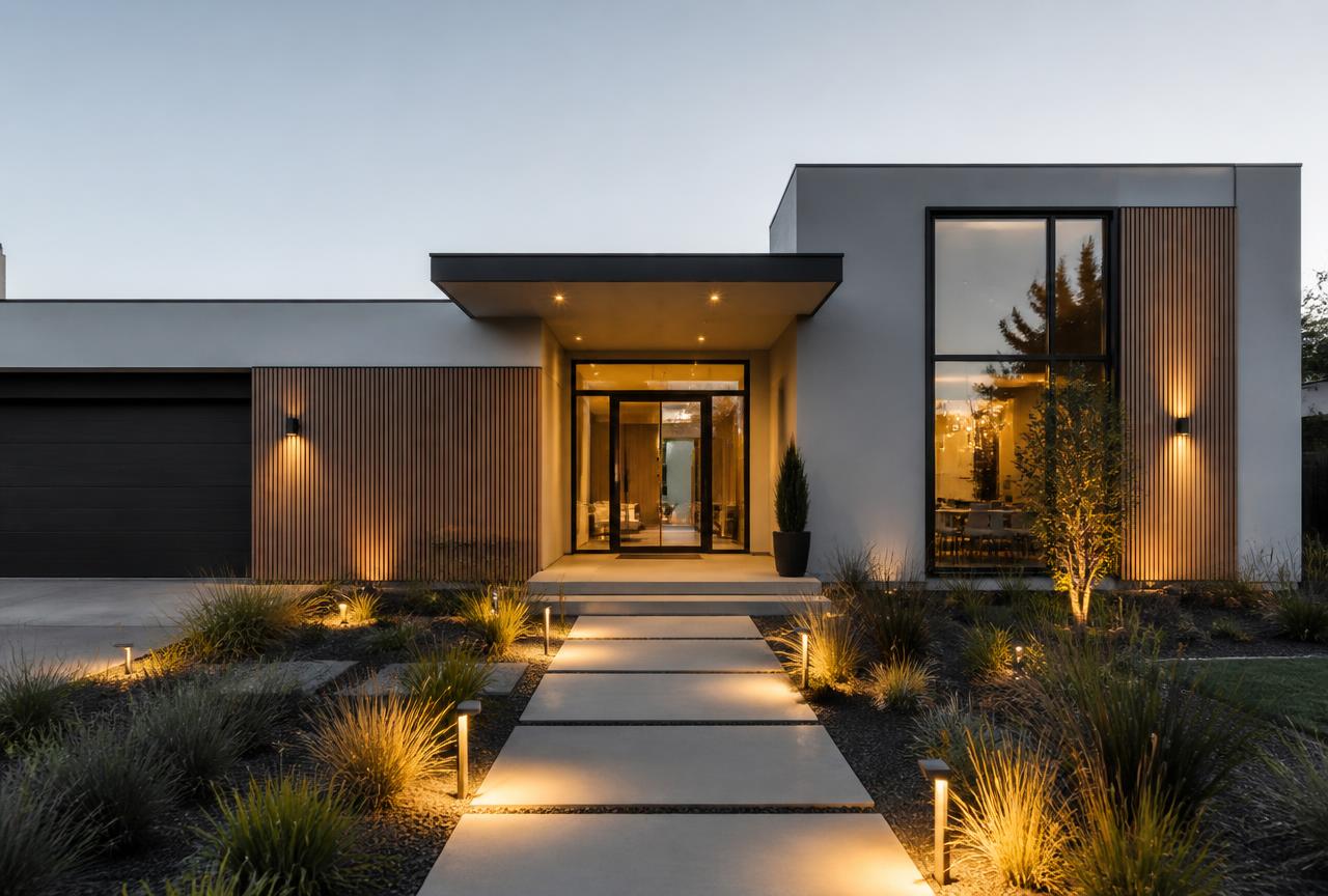 Flat-roof massing, stucco and wood slat cladding, and floor-to-ceiling glass for a clean, modern street presence.