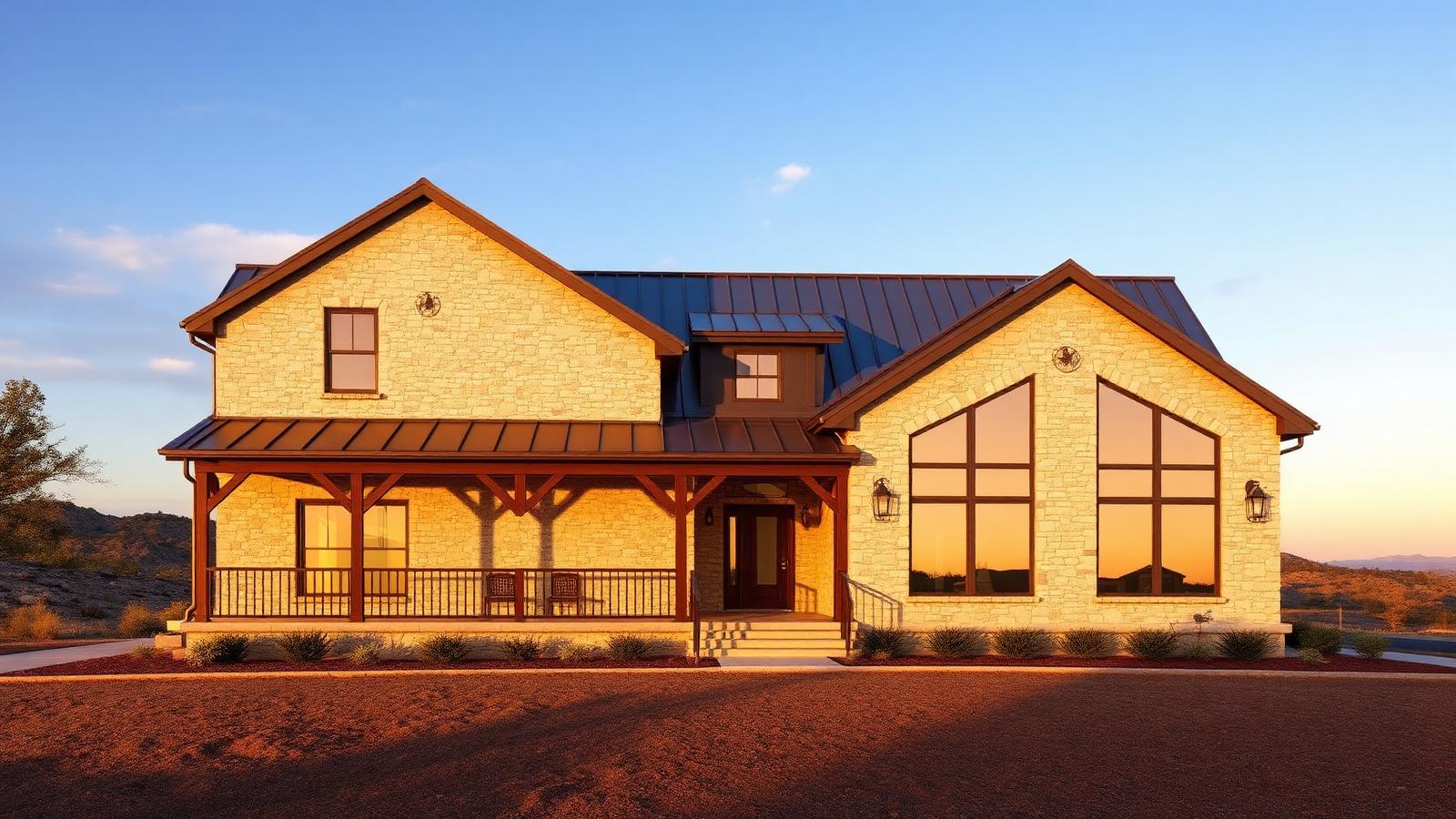 Native limestone walls, standing-seam metal roof, and deep cedar porches — a Texas regional elevation tuned to sun, wind, and hilltop views.