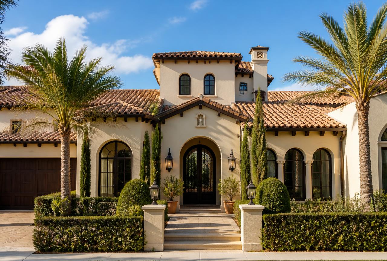 Stucco walls, clay barrel tile roof, and arched openings — ideal for our coastal and resort-market designs.