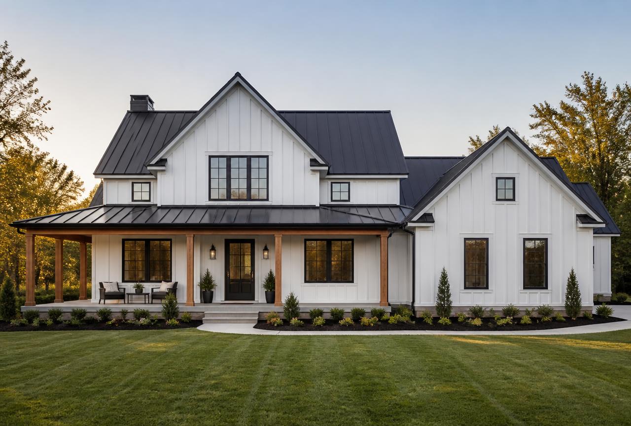 Board-and-batten siding, black metal roof accents, and a deep covered porch — our most requested elevation.