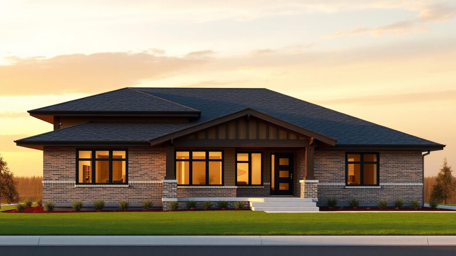 Long horizontal lines, low-pitched hip roof, and wide overhanging eaves — an elevation that reads grounded and timeless on wider lots.