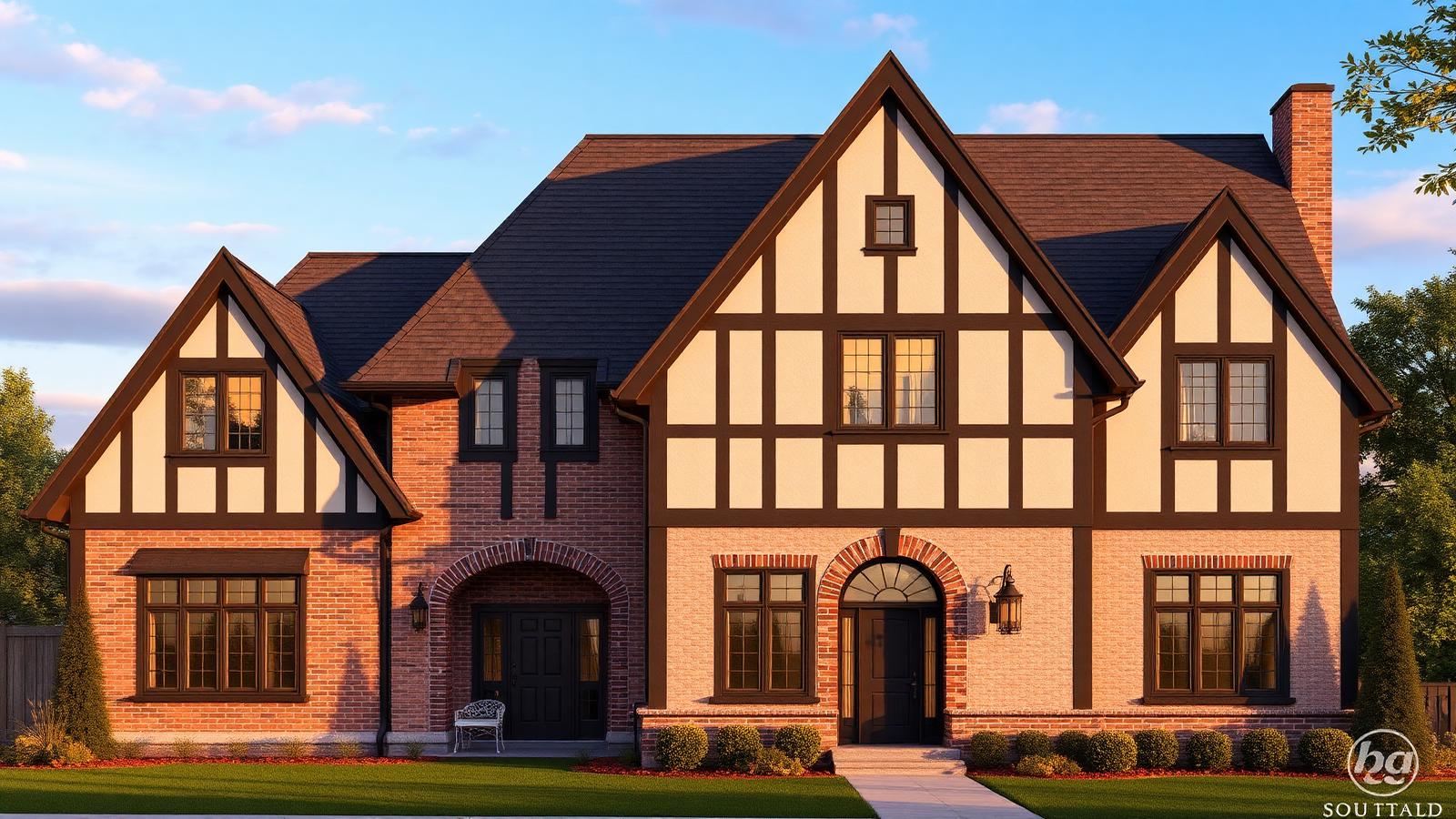 Brick and stucco with dark half-timbering, a steep gable roof, and tall divided-light windows — storybook curb appeal that holds its value.