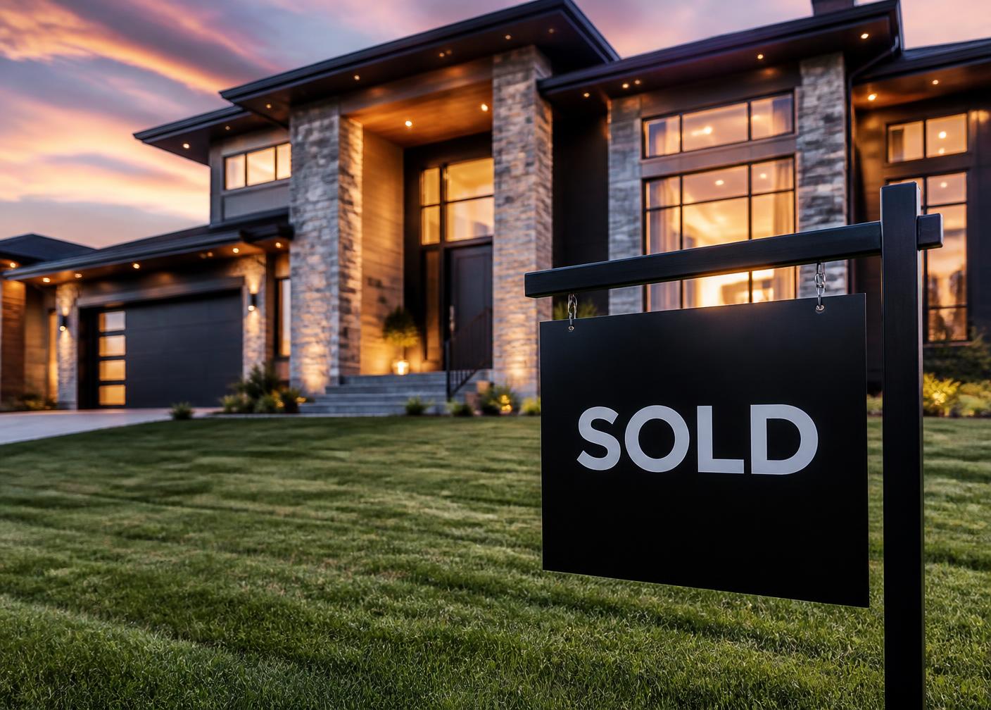 Luxury home at dusk with a for sale sign