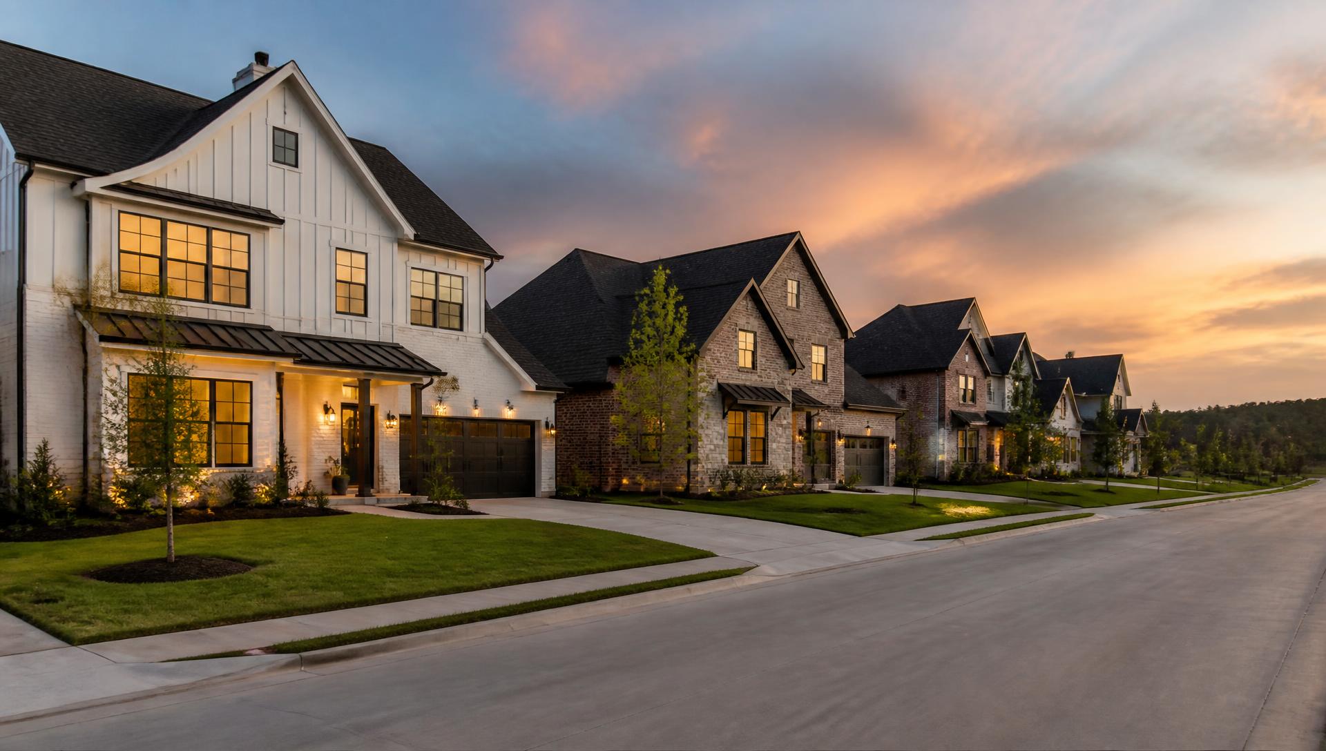 Completed UCSM new-construction neighborhood at dusk